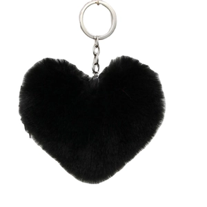 Black faux fur heart keychain featuring a soft plush heart and silver metal clasp