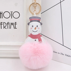 Detailed view of snowman plush keychain with golden hook and soft pink fur pom pom