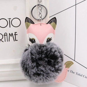 Detail of pink PU leather fox keychain with fluffy grey faux fur ball and silver ring