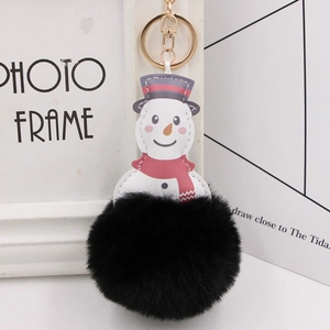 Christmas snowman keychain with red scarf PU leather charm and fluffy black faux fur pompom