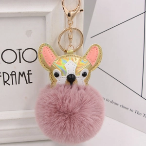 Kreativer holografischer Bulldoggen Schlüsselanhänger mit rosa Plüschball und Goldclip