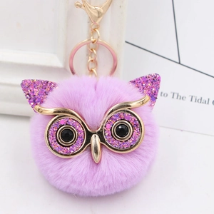 Cute Owl Plush Ball Keychain Glitter Sequin Faux Fur Bag Charm Gold Alloy Keyring For Women Girls Gift Decoration