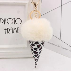 Detail of plush faux fur ice cream keychain with leopard print cone and gold clasp