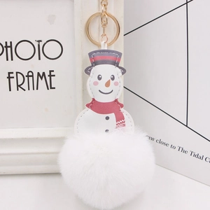 Detail of plush snowman keychain with white faux fur pompom and golden metal ring