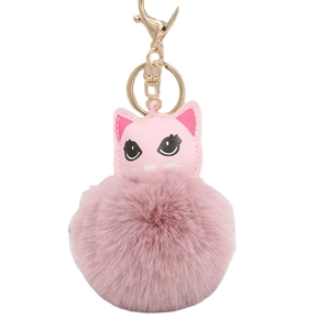 Porte-clés chat en peluche rose avec tête en cuir PU et fermoir mousqueton en métal doré