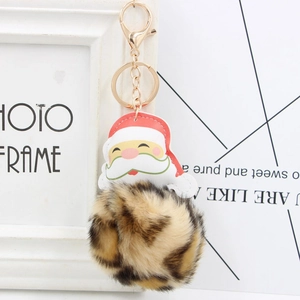 Detail of Santa Claus keychain with leopard print faux fur pompom and golden clip
