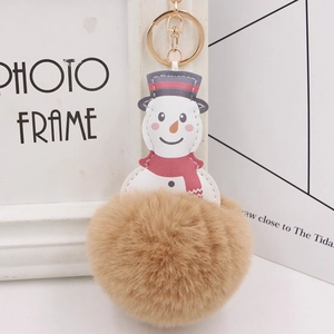 Christmas snowman plush keychain with red scarf and fluffy brown fur ball bag charm