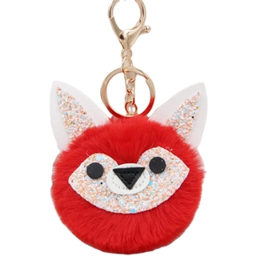 Sparkly red sequin fox faux fur pompom keychain with golden metal ring for bags
