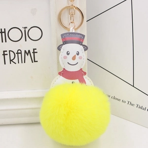 Close-up of fluffy yellow pom-pom keychain with creative snowman leather pendant and gold ring