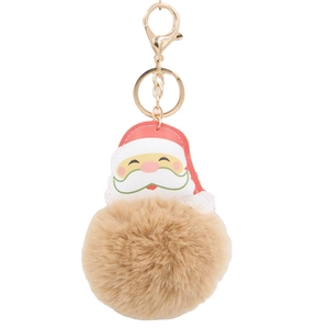 Christmas Santa Claus fluffy keychain with light brown faux fur pompom and gold clasp