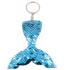 Porte-clés queue de sirène à paillettes bleues avec anneau argenté pour sac à main