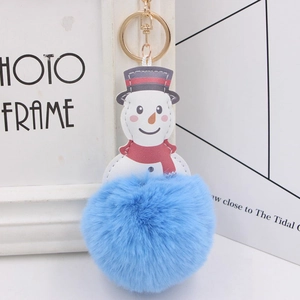 Detail of blue pompom keychain with snowman leather patch and red scarf on gold ring