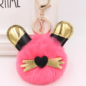 Porte-clés Mignon en Peluche Oreilles de Lapin Alliage Or Anneau Fausse Fourrure Décor de Coeur Charme de Sac Cadeau Femme