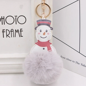 Plush snowman keychain with gray faux fur ball, red scarf, and gold metal lobster clasp