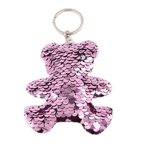 Portachiavi orsetto di paillettes rosa con anello in metallo argento su bianco