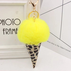 Detail view of leopard print ice cream keychain with yellow faux fur and gold alloy clasp