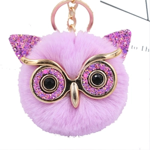 Purple faux fur owl keychain with gold sequins eyes and fluffy plush ball pendant