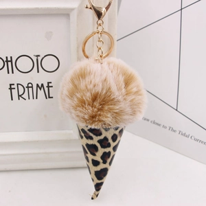 Creative leopard print ice cream keychain with fluffy pom pom and gold metal clasp