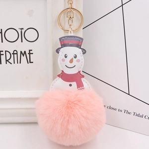 Detail of pink faux fur pompom keychain with creative snowman PU leather charm and gold clip