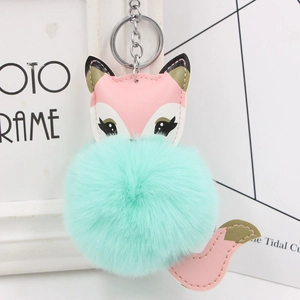 Cute Fox Keychain Faux Fur Pompom PU Leather Bag Charm Animal Pendant For Women Girls Gift Car Key Accessory