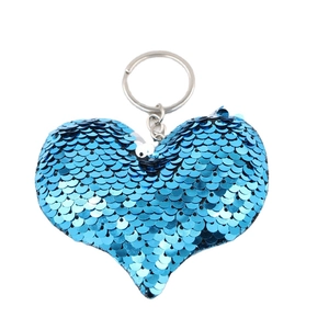 Porte-clés cœur en paillettes bleues réversibles avec anneau en métal argenté