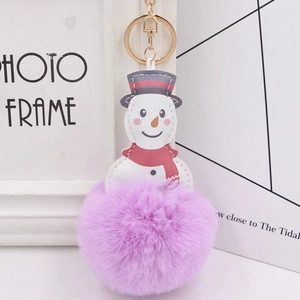 Detailed close-up of a snowman keychain with purple faux fur pompom and gold lobster clasp