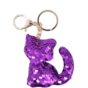 Porte-clés chat en paillettes violettes avec fermoir doré pour sacs à main et voitures