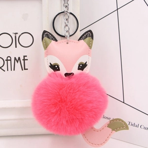 Detail of pink fox faux fur pompom keychain with green ears and silver metal clip