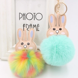 Cute Rabbit Faux Fur Ball Keychain PU Leather Bunny Head Plush Bag Pendant For Women Girls Handbag Charm Decoration