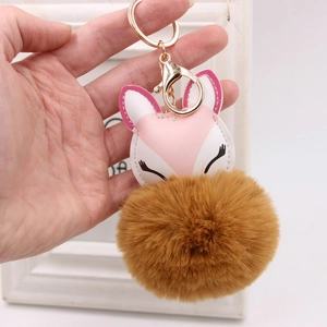 Fox PU leather keychain with large brown faux fur pom pom and gold metal hardware