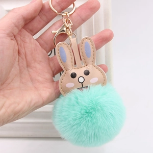 Cute mint green faux fur rabbit keychain with gold lobster clasp for handbags