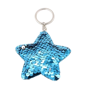 Blue reversible sequin star keychain with silver metal ring on white background