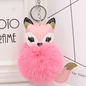 Cute pink fox plush keychain with soft faux fur pompom for handbag and car accessories