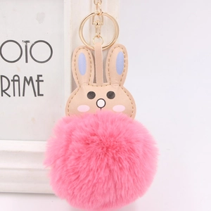 Cute faux fur bunny keychain with pink plush pompom and gold lobster clasp