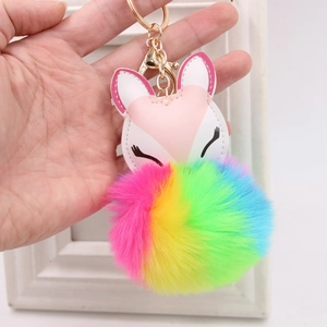 Cute fox faux fur keychain with rainbow pompom and gold metal ring for bags