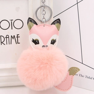 Cute pink faux fur fox keychain with fluffy pom pom for handbags and car accessories