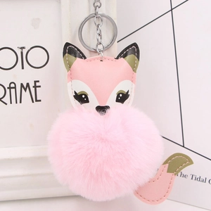 Close-up of pink and white plush fox keychain with soft faux fur and silver metal ring