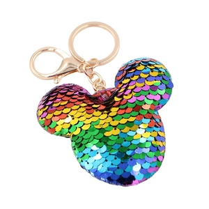 Rainbow sequin Mickey mouse head keychain with golden lobster clasp and metal ring