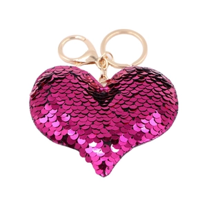 Sparkling rose red sequin heart keychain with golden metal ring for bags and accessories