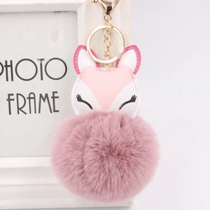 Cute Fox Head Faux Fur Pom Pom Keychain PU Leather Animal Bag Charm Golden Metal Key Ring For Women Girls Backpack Accessory