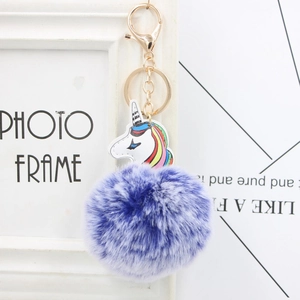 Unicorn keychain with gradient blue-purple plush pom-pom and gold lobster clasp