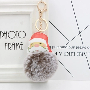 Porte-clés Père Noël en cuir PU avec pompon marron et attache en métal doré brillant