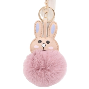 Cute bunny faux fur keychain with pink pompom and golden clip for women bags