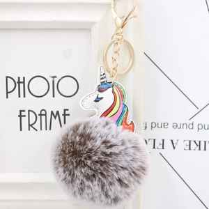 Rainbow unicorn PU leather keychain with brown faux fur pom pom and golden lobster clasp