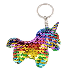 Porte-clés licorne à paillettes arc-en-ciel réversibles avec anneau en métal argenté