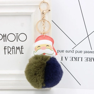 Porte-clés Père Noël avec pompon en fourrure bicolore vert et bleu et anneau doré