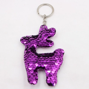 Detailed macro view of purple sequined giraffe keychain with silver metal ring
