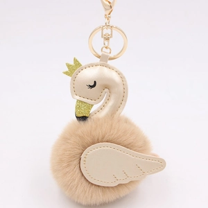 Swan Flamingo Pom Pom Keychain Artificial Fur PU Leather Bag Pendant Cartoon Plush Animal Keyring Gift For Women Purse Accessory