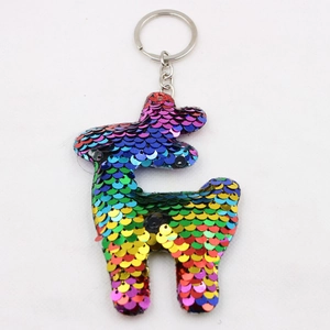 Detailed close-up of rainbow sequin alpaca keychain with shiny metallic ring