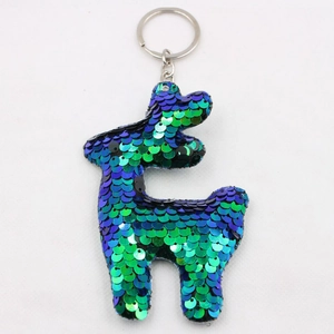 Sparkly sequin alpaca keychain with reversible blue and green scales and silver ring